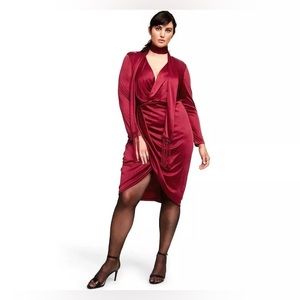 Red satin wrap dress with a fringe tie